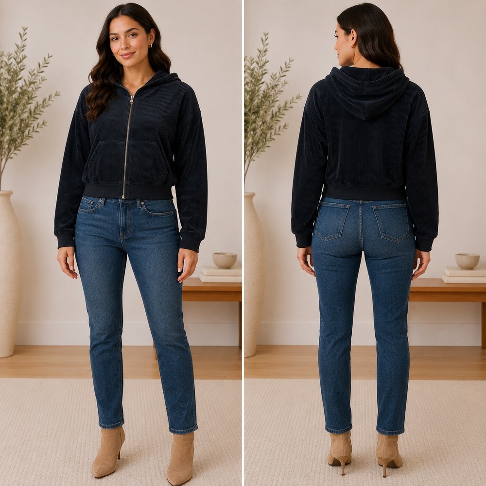 Marine Layer Corduroy Full Zip Hoodie‎ Womens Small Black Ribbed Velour Cropped